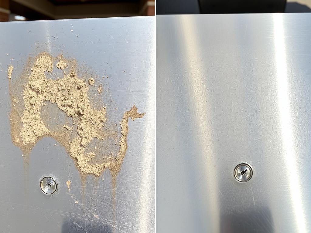 Close-up of alkaline dust corrosion on standard stainless steel versus protected surfaces in Las Vegas outdoor kitchen Close-up of alkaline dust corrosion on standard stainless steel versus protected surfaces in Las Vegas outdoor kitchen