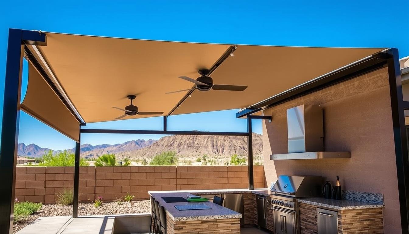 Las Vegas outdoor kitchen enclosure with retractable screens and cooling system