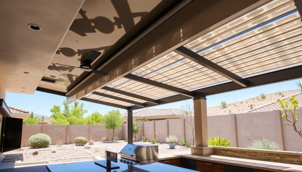 Las Vegas outdoor kitchen with solar-reflective overhead structure