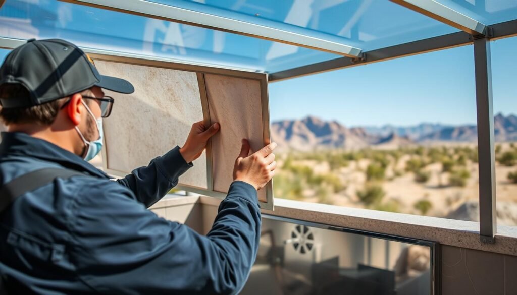 Seasonal maintenance being performed on Las Vegas outdoor kitchen enclosure Seasonal maintenance being performed on Las Vegas outdoor kitchen enclosure