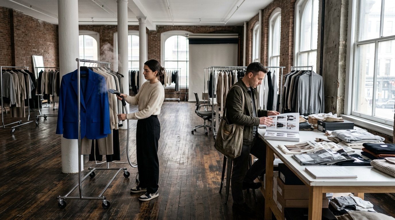 Fashion PR coordinator steaming a sample blazer while a stylist reviews a lookbook in a New York showroom