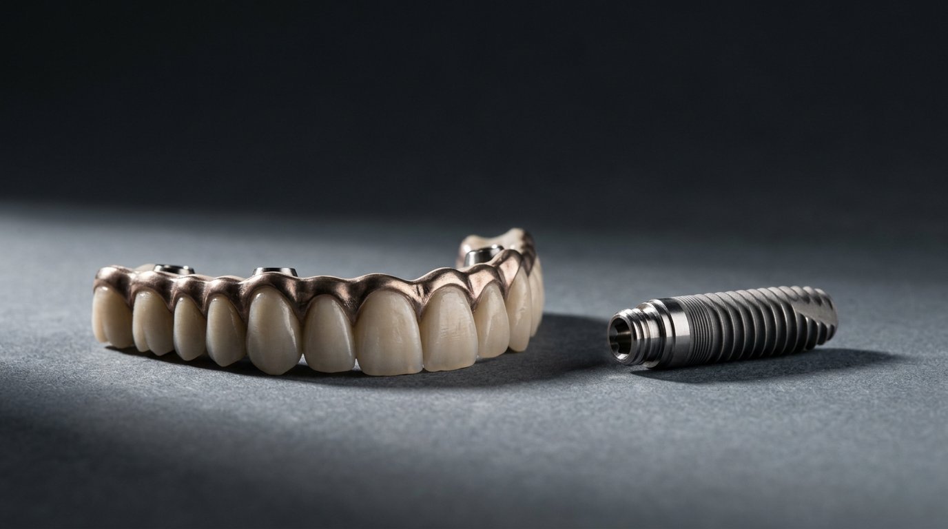 Full-arch fixed implant bridge beside a titanium dental implant post