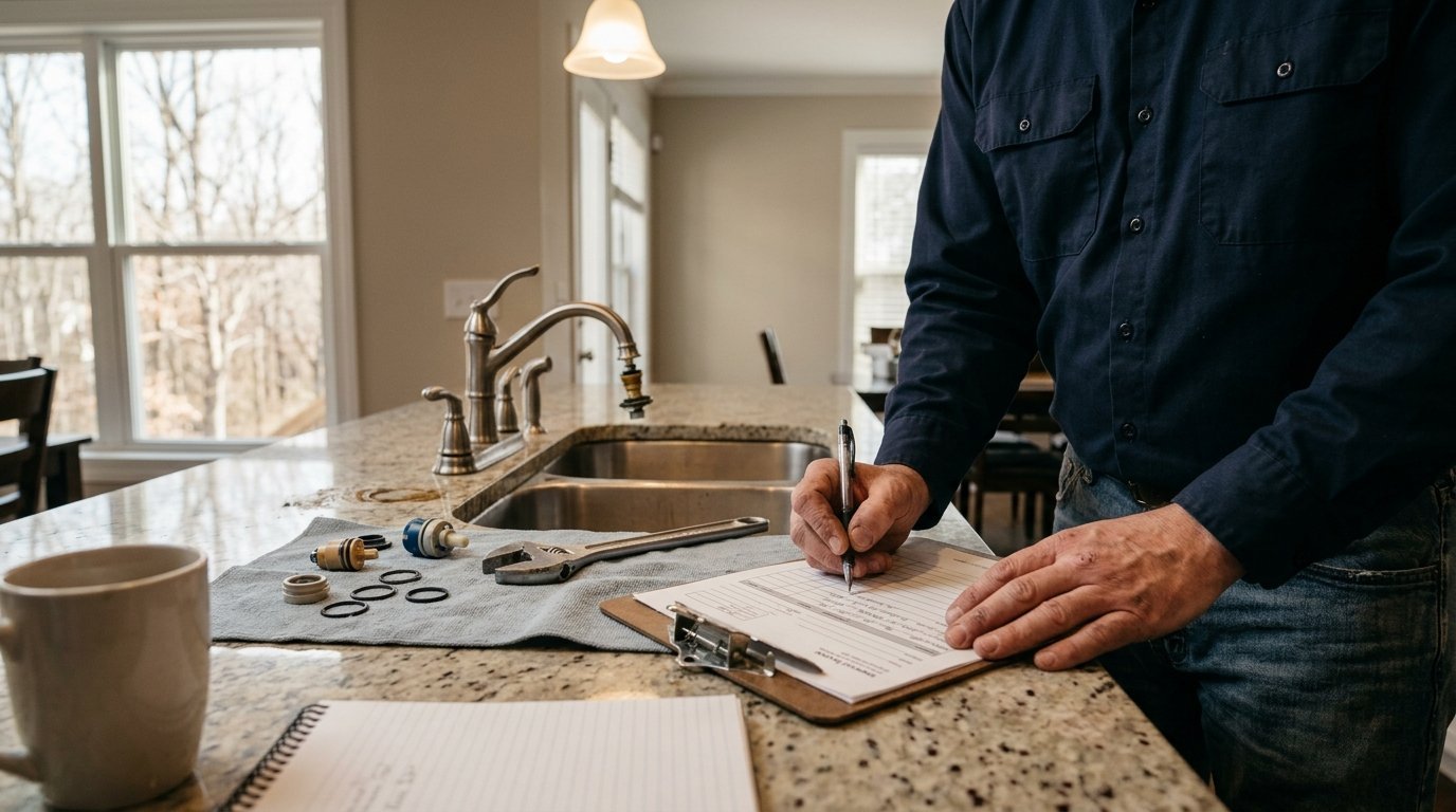 Knoxville plumber filling out service invoice on a clipboard during a kitchen faucet repair