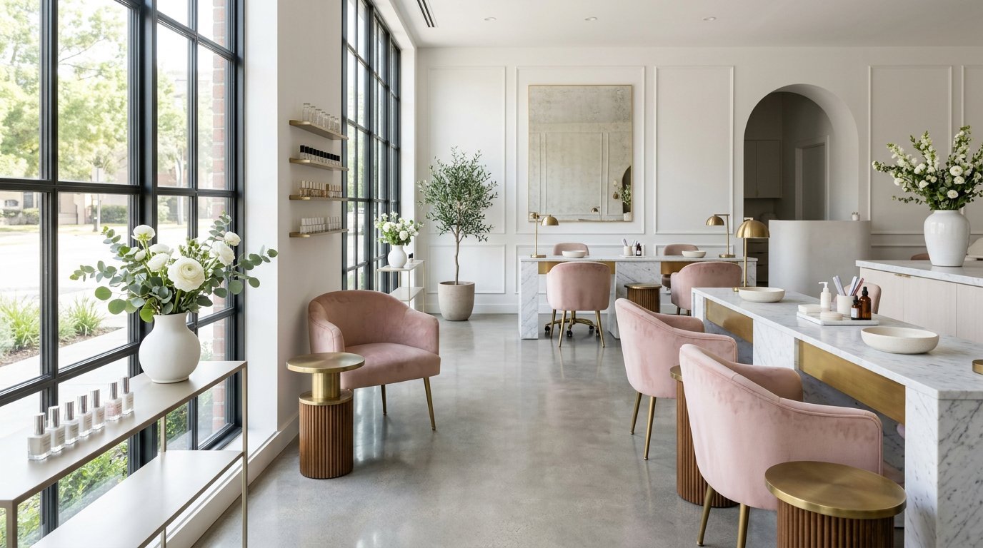 Bright airy nail salon in Upper East Side with marble counters, blush accents, and tall windows.